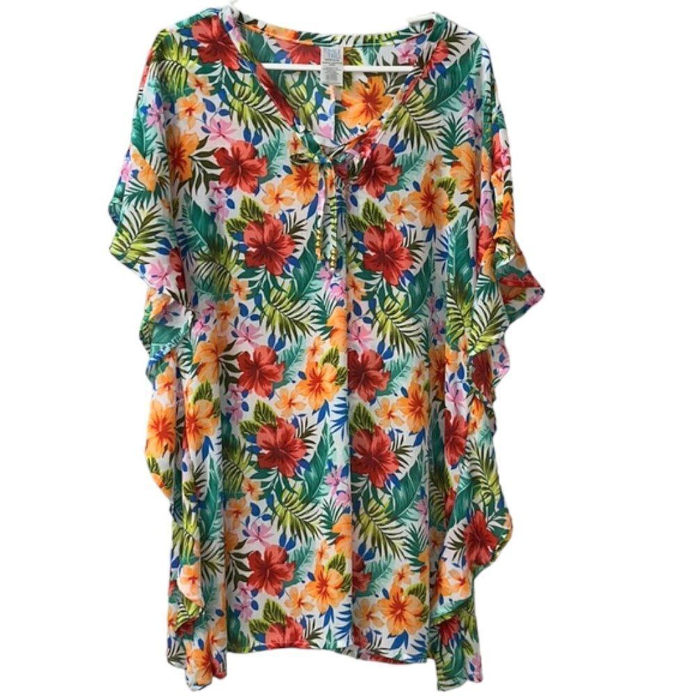 TIME & TRU Women's Tropical Hibiscus Hawaiian Beach Coverup NWOT Size Small